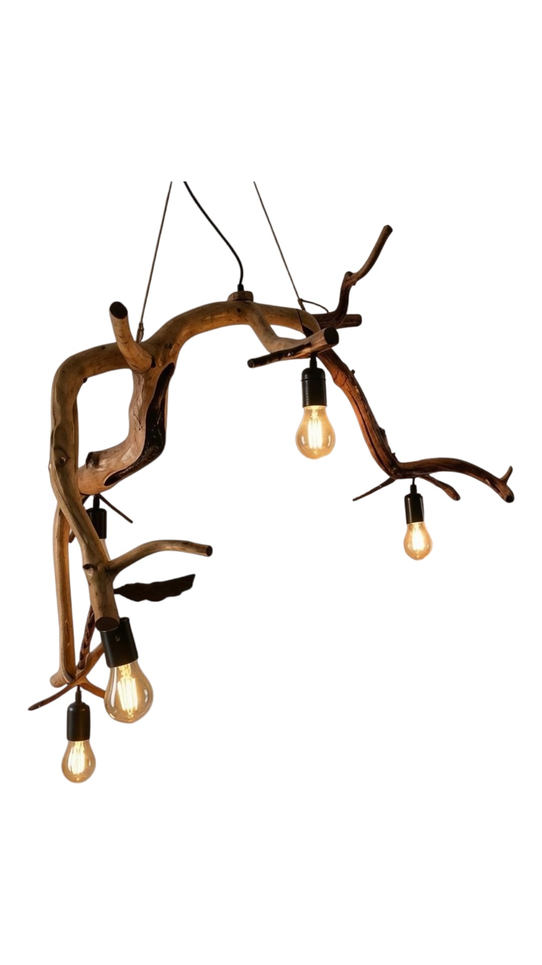 White Oak tree branch chandelier with detailed hand crafted oak leaves