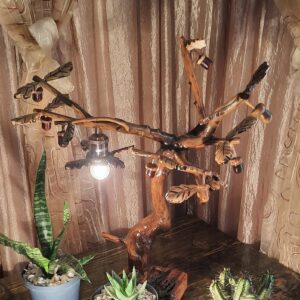 Century old oak handcrafted tree desk lamp with solid Oregon pine base