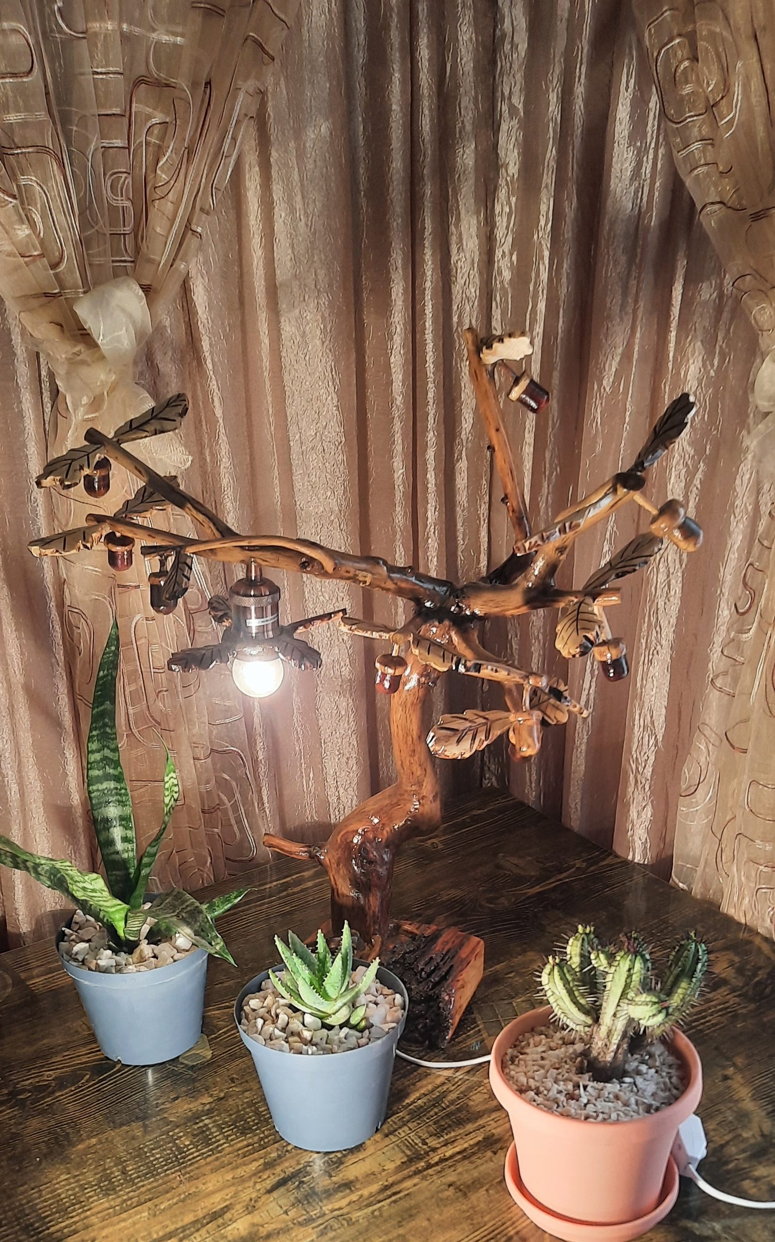 Century old oak handcrafted tree desk lamp with solid Oregon pine base